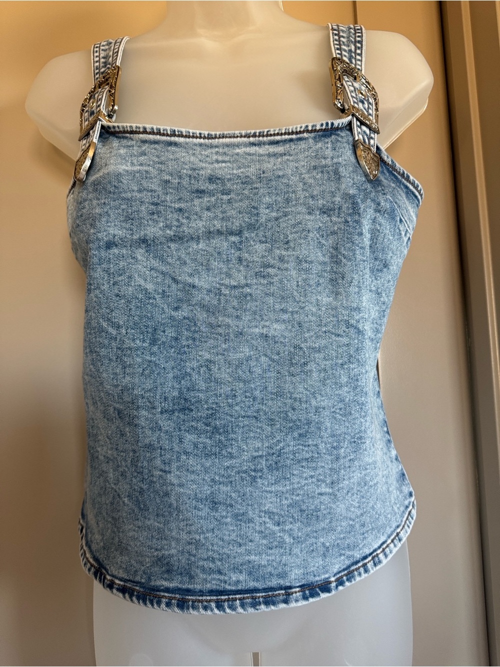 Acid-Wash Denim Camisole with Buckle Straps - Blue